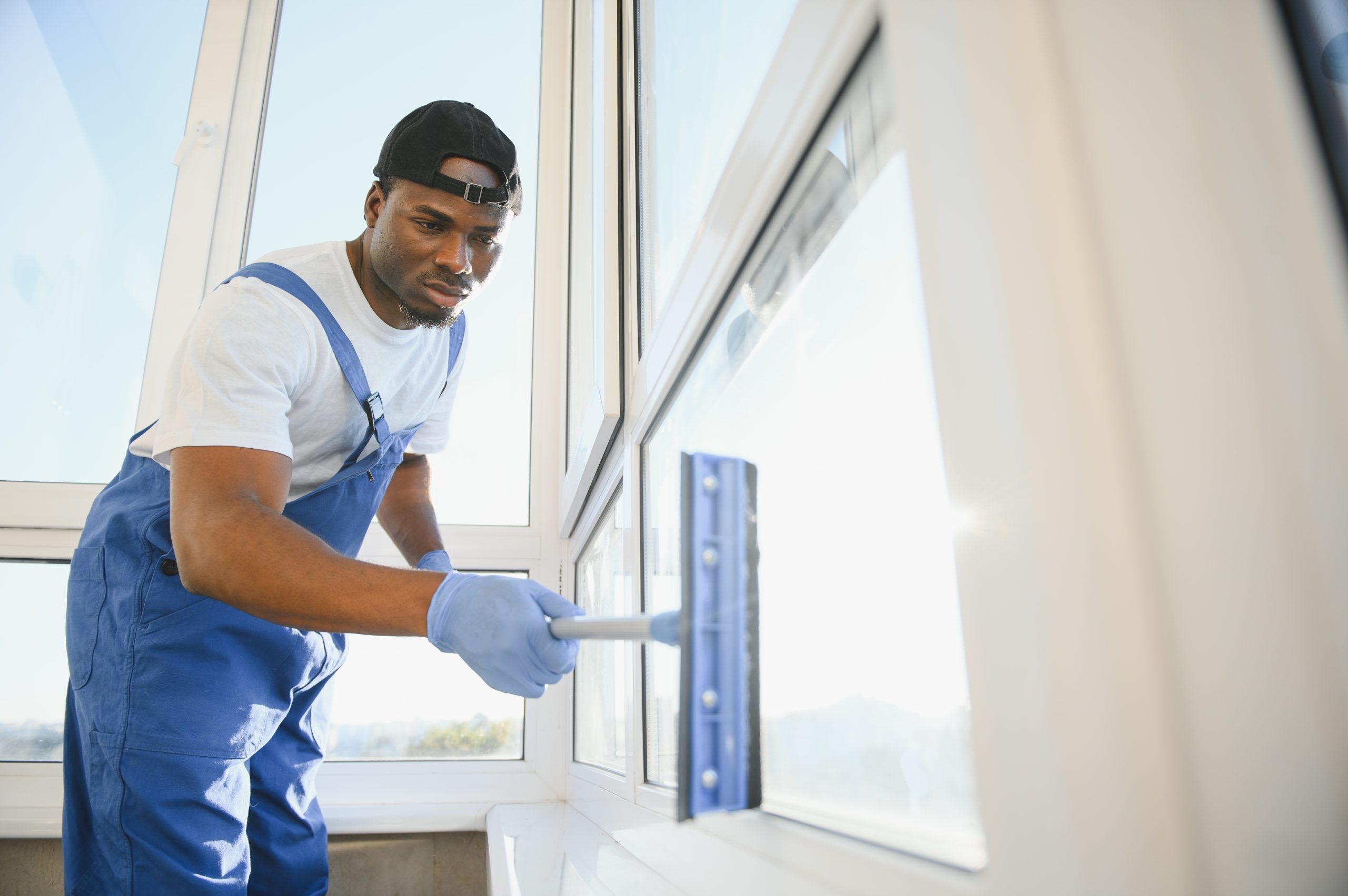 Young man cleaning window in office.